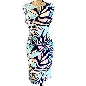 Pole & Pole Womens Bodycon Cocktail Party Midi Dress Sheer Back Blue Floral Sz 8